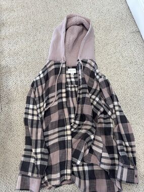 American Eagle Outfitters Pink Plaid Button-Down Hooded Shirt